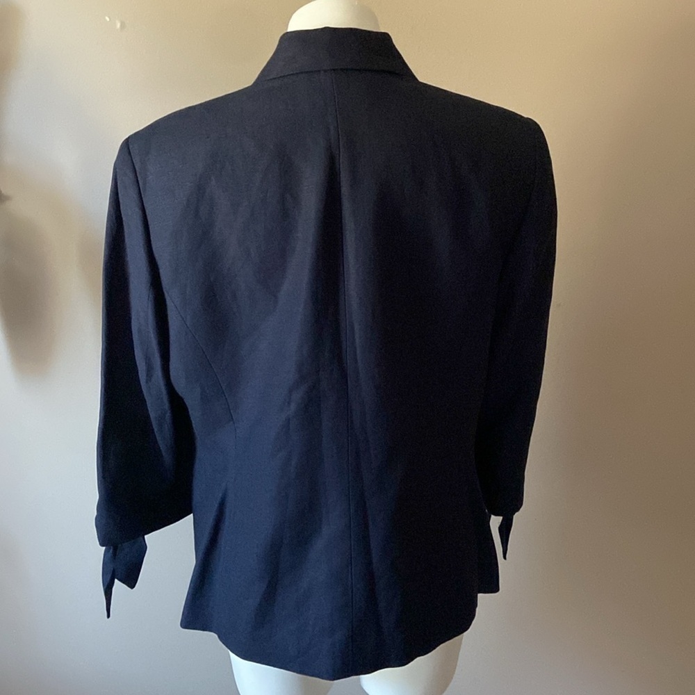 Nine West Navy Blue Preppy Linen Blend Blazer Jacket With Tie Sleeves Size 14 - Picture 3 of 7
